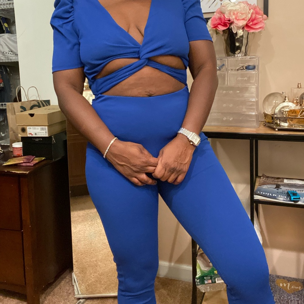 Blue Jumpsuit with cut out.